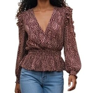 EXPRESS‎  Mixed Media Ruffle Trim Wine Cream Peplum Hem Blouse NWT $64 XS